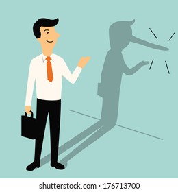 Smiling businessman with shadow of his long nose, metaphor to Pinocchio who is actually liar. Business concept in lair or lying businessman.