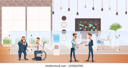 Smiling Businessman Shake Hand in Creative Office. Worker make Successful Deal at Coworking Space. Man Wear Suit make Agreement. Male Partner Meeting. Cartoon Flat Vector Illustration