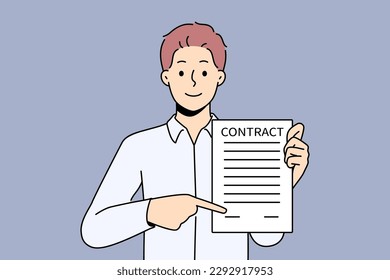 Un hombre de negocios sonriente muestra un lugar para firmar un contrato. Feliz empleador masculino demuestra espacio para firmar un acuerdo legal. Documento oficial y empleo. Ilustración vectorial. 