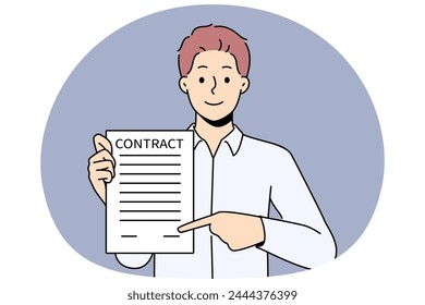 Smiling businessman show place for signature on contract. Happy male employer demonstrate space to sign legal agreement. Official document and employment. Vector illustration.