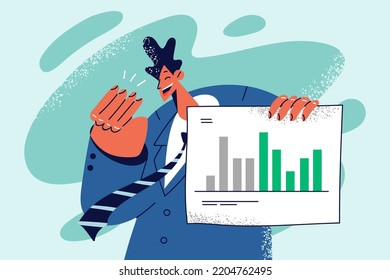 Smiling businessman showing financial graph celebrate good statistics. Happy male employee demonstrate company finance results on chart. Vector illustration. 