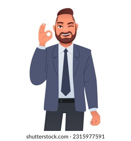 Smiling businessman showing ok sign with his hand. Successful confident bearded man in a jacket, trousers, shirt and tie. Vector cartoon illustration isolated on white background.