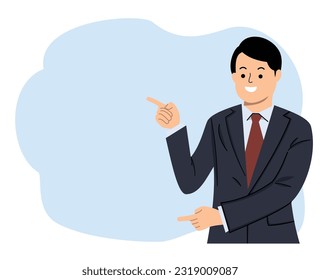smiling businessman showing pointing finger to blank space