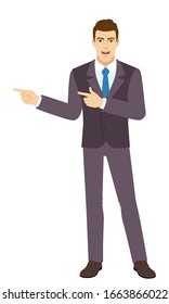 Smiling Businessman showing somewhere. Two index fingers pointing. Full length portrait of Businessman in a flat style. Vector illustration.