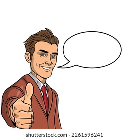 Smiling businessman showing thumb up, vector illustration