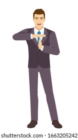 Smiling Businessman showing time-out sign with hands. Body language. Full length portrait of Businessman in a flat style. Vector illustration.