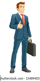 Smiling businessman shows the thumb up.  Vector illustration.