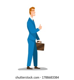 Smiling businessman shows the thumb up. Flat style color modern vector illustration.