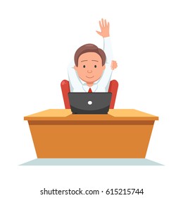 Smiling businessman sit in chair on workplace. Relaxed business man entrepreneur. Flat style vector illustration 