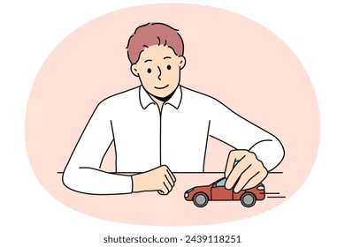 Smiling businessman sit at desk play with red car. Confident man boss or CEO playing with automobile think of next business move. Vector illustration.