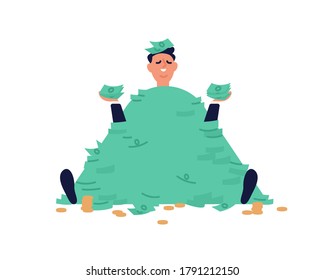 Smiling businessman sit with stack of banknotes and coins vector flat illustration. Male millionaire holding heap of cash enjoying richness and financial success isolated. Man in huge currency pile