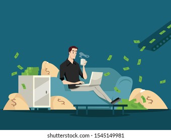 Smiling businessman sitting in a couch with laptop and coffee. Green banknotes flying out. Flat style modern vector illustration isolated on white background. successful