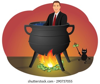 Smiling businessman sitting in the infernal cauldron. Little devil with a trident is stoking the money fire.