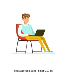 Smiling businessman sitting on a chair and working with laptop, coworking space vector Illustration