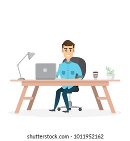 smiling businessman is sitting and working on a laptop computer in his office. Business concept. vector illustration.