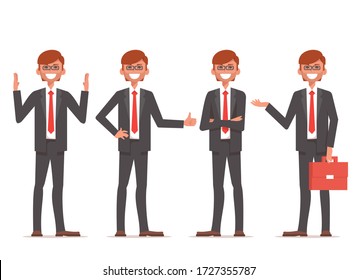 Smiling businessman stand in different positions. Character vector design. Vector illustration isolated on white background