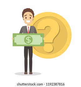 Smiling businessman standing in front of golden coin with question mark and holding banknotes. Young character with a financial wealth. Isolated flat vector illustration