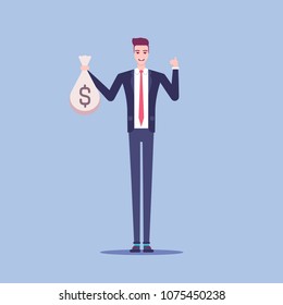 Smiling businessman stands with a full bag of money and shows thumb up vector flat illustration. Man in suit hold sack of money in his hand.