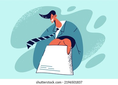 Smiling businessman stretch hand with paper to client or business partner. Happy male manager give paperwork or document. Vector illustration. 