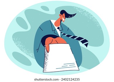 Smiling businessman stretch hand with paper to client or business partner. Happy male manager give paperwork or document. Vector illustration.