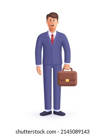 Smiling businessman in suit holding briefcase. Leader success, management concept. 3d vector people character illustration. Cartoon minimal style.