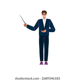 Homem de negócios sorridente em um terno, segurando um ponteiro, enquanto dá uma apresentação, efetivamente explicando uma estratégia de negócios para colegas envolvidos em um ambiente de escritório corporativo