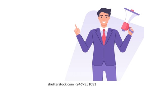 Smiling businessman in suit with megaphone advertising banner design template vector flat illustration. Cartoon business male character with pointing forefinger and bullhorn corporate promo announce