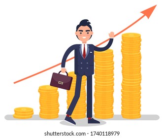 Smiling businessman in suit with red tie and with briefcase standing in front of growing red graph. Arrow going up, chart of investments, profit vector