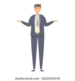 Smiling businessman in a suit is standing with open arms presenting something