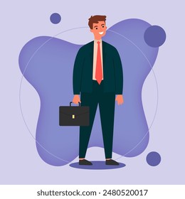 Hombre de negocios sonriente en la ilustración del Vector del traje. Personaje masculino de dibujos animados en ropa formal y con maletín. Negocio, ocupación, concepto de éxito