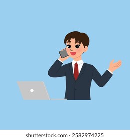 smiling businessman is talking on the phone while working on his laptop illustration