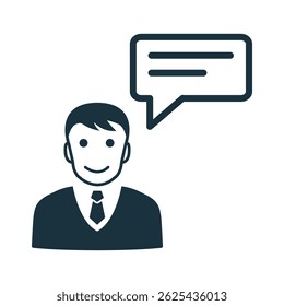 Smiling businessman talking with speech bubble showing communication and feedback