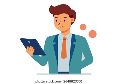 Smiling businessman in teal suit using tablet; modern, friendly, professional illustration.