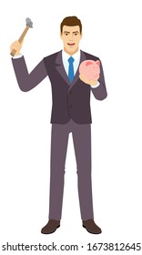 Smiling Businessman trying to break a piggy bank with a hammer. Full length portrait of Businessman in a flat style. Vector illustration.
