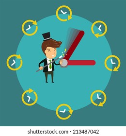Smiling Businessman using magic wand to control  clock's hands. Vector illustration for time control or time management concept. 