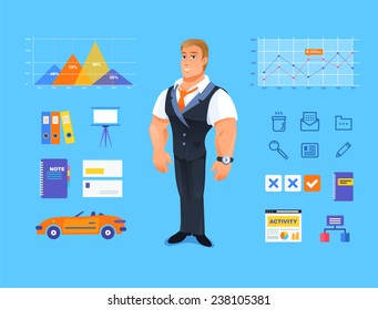 Smiling businessman vector Illustration of cartoon (boss, manager) greeting for advertising and presentation.