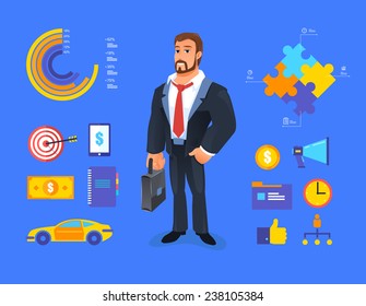 Smiling businessman vector Illustration of cartoon (boss, manager) greeting for advertising and presentation.