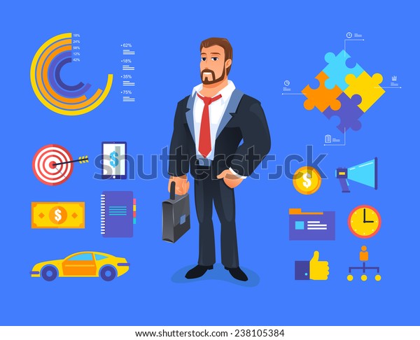 Smiling businessman\
vector Illustration of cartoon (boss, manager) greeting for\
advertising and\
presentation.