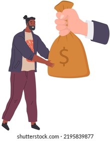 Smiling businessman walking carrying big heavy sack full of cash money, bag with dollar sign on it. Human hand gives bank bag to happy guy. Concept of wealth, profitable offers, successful business