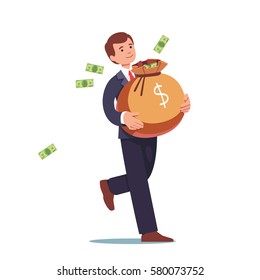 Smiling businessman walking & carrying big heavy sack full of cash money. Green banknotes flying out of bag with dollar sign on it. Flat style modern vector illustration isolated on white background.