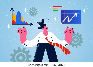 Smiling businessman wok with graphs and chart consider company financial statistics. Happy male employee or financier analyze finances for startup project. Banking concept. Vector illustration. 