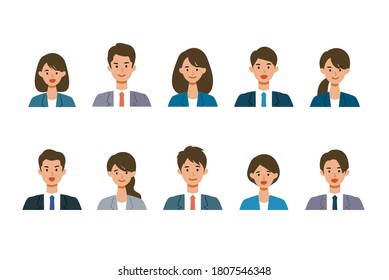 Smiling businessman and woman in suits. Different people smiles set.  Isolated vector illustration icons set in flat style. 