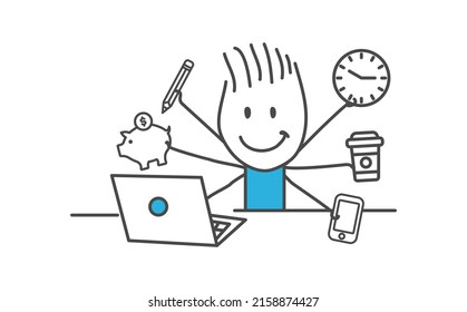 Smiling businessman working on laptop. She feels good and happy. Plan, coordination, gain, success, communication.