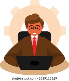 Smiling Businessman Working on Laptop – Young Male Office Worker in Formal Suit with Glasses Sitting at Desk in Front of Gear Icon Representing Productivity, Technology, and Professionalism