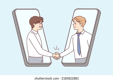 Smiling businessmen shake hands on smartphone screens close deal online. Happy business partners handshake make agreement on internet. Remote business. Vector illustration. 