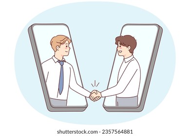 Smiling businessmen shake hands on smartphone screens close deal online. Happy business partners handshake make agreement on internet. Remote business. Vector illustration.