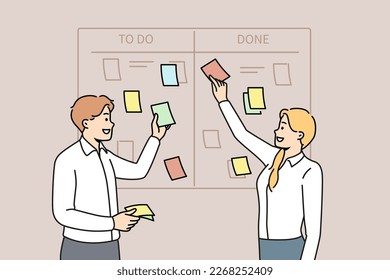 Smiling businesspeople brainstorm manage tasks on scum board in office. Happy employee discuss business projects at workplace. Teamwork and time management. Vector illustration. 