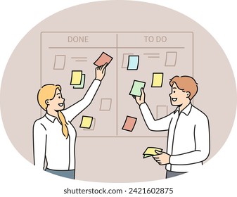 Smiling businesspeople brainstorm manage tasks on scum board in office. Happy employee discuss business projects at workplace. Teamwork and time management. Vector illustration.