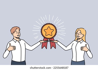 Smiling businesspeople with golden reward or trophy show thumb up give recommendation. Happy employees demonstrate award recommend good service. Vector illustration. 