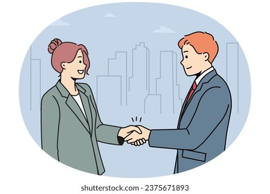 Smiling businesspeople handshake greeting getting acquainted. Happy business partners shake hands close deal or make agreement. Vector illustration.